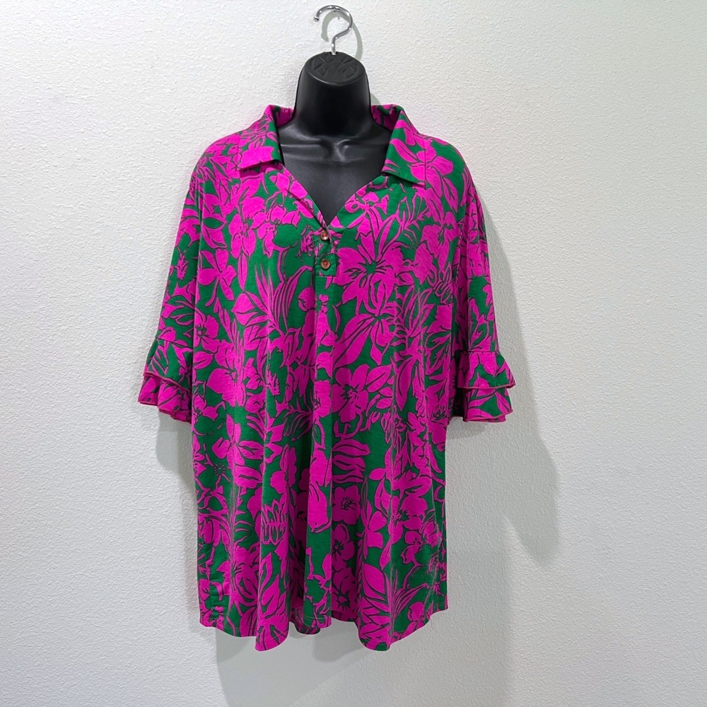 Sew In Love Floral Blouse Womens 3X Pink Green Tropical Ruffle Sleeve Summer